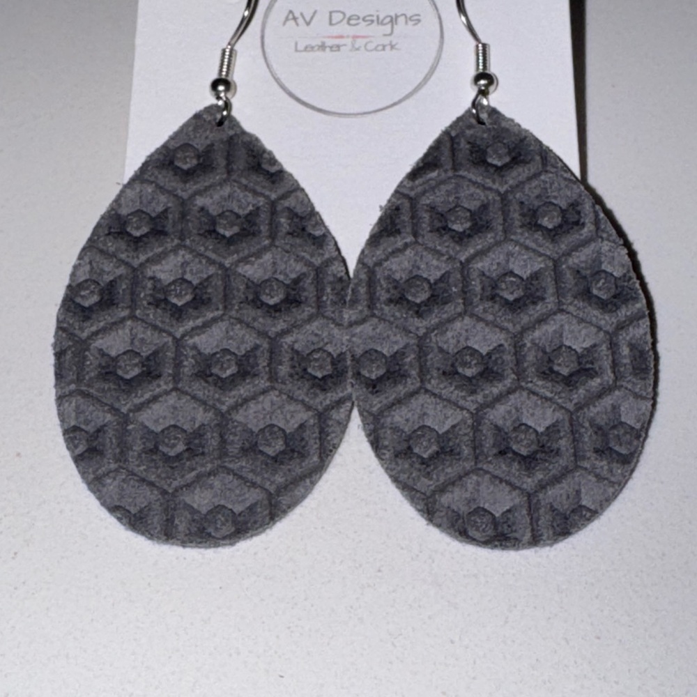 Gray Textured Leathrr Teardrop Earrings